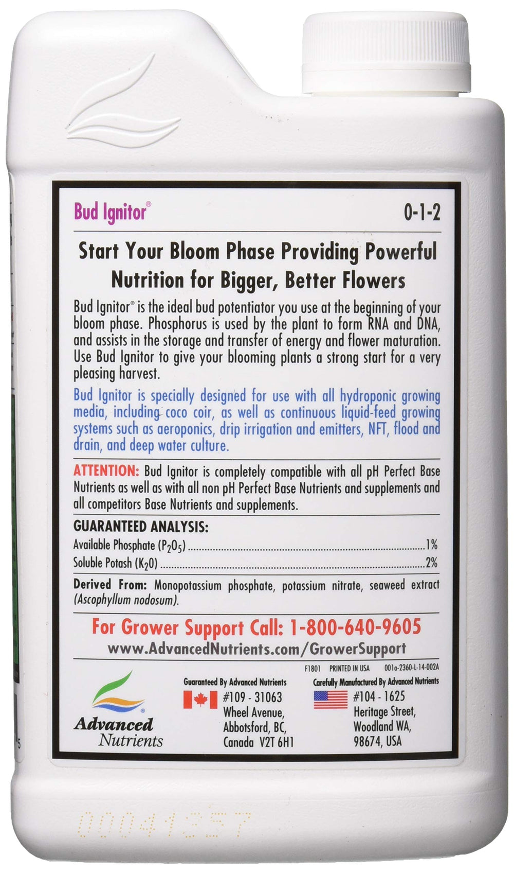 Back view of Advanced Nutrients Bud Ignitor Fertilizer bottle