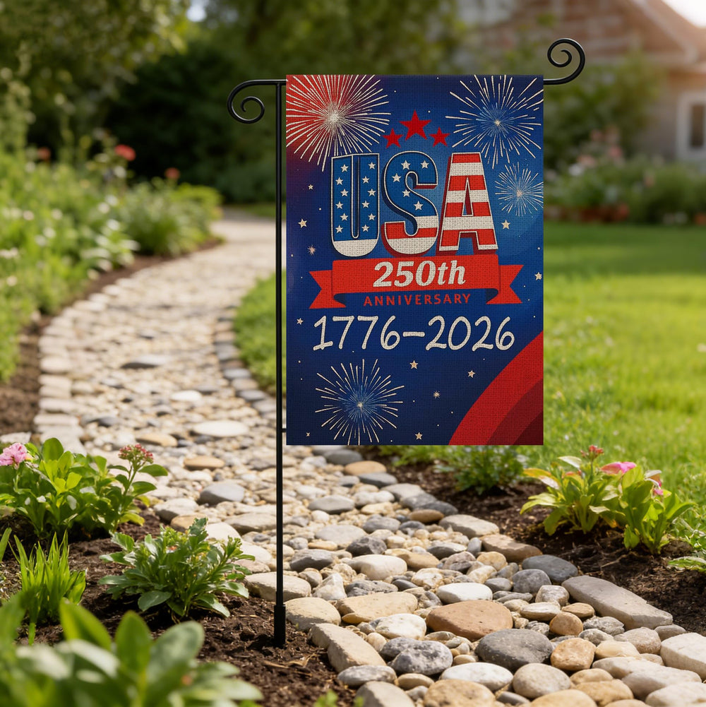 Back view of AIBOLYNE 250th Anniversary Garden Flag