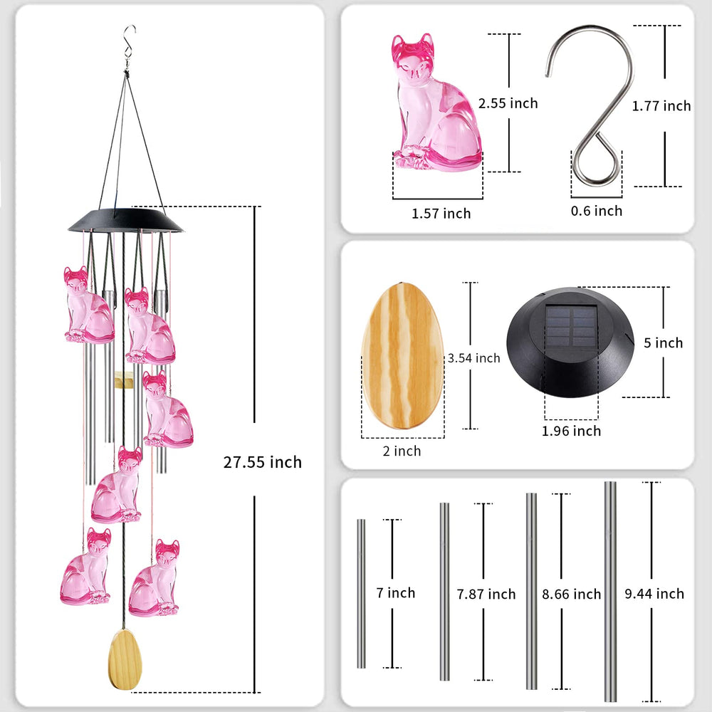Back view of AIONASA Cat Solar Wind Chimes showing solar panel