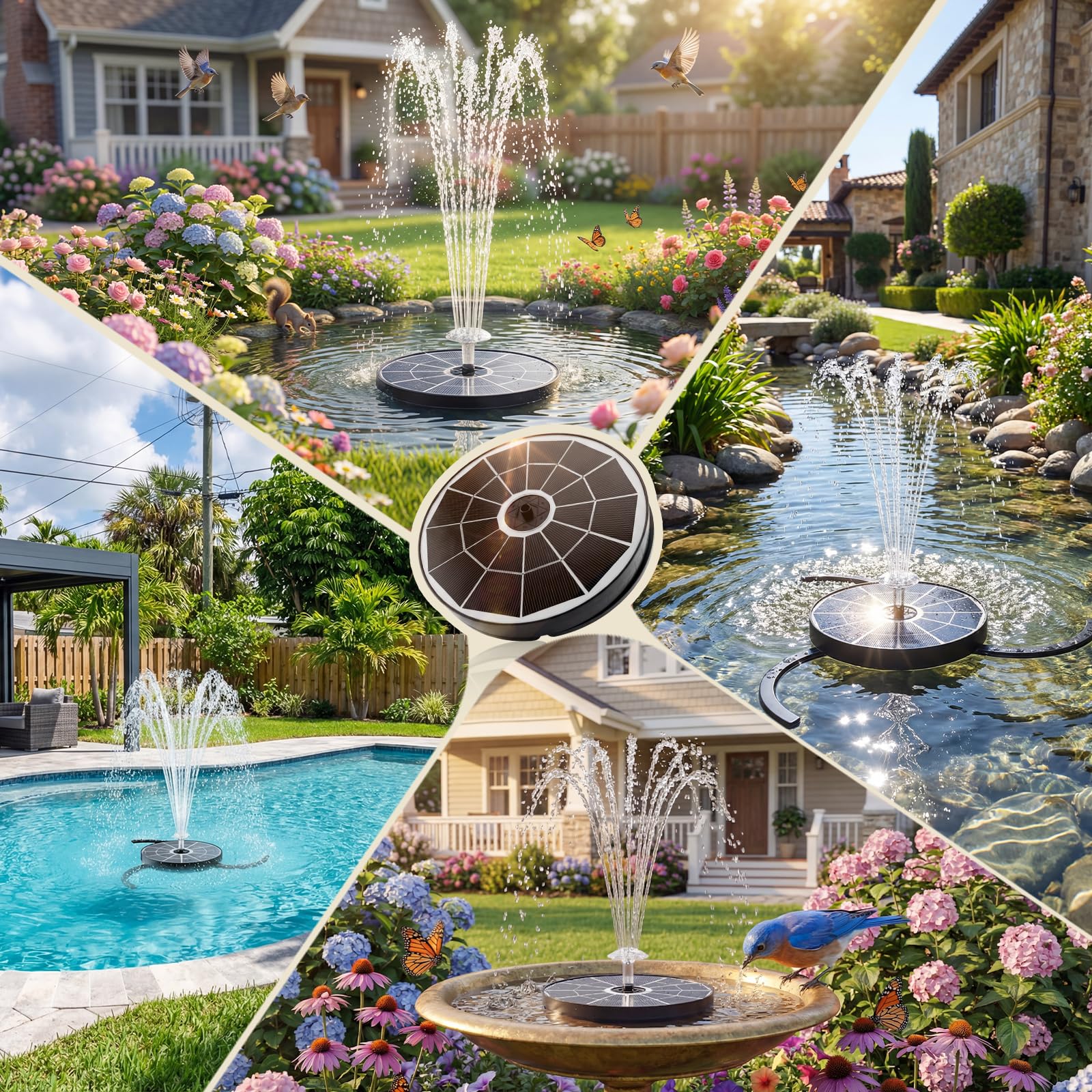 Back view of AISITIN Solar Bird Bath Fountain showing solar panel