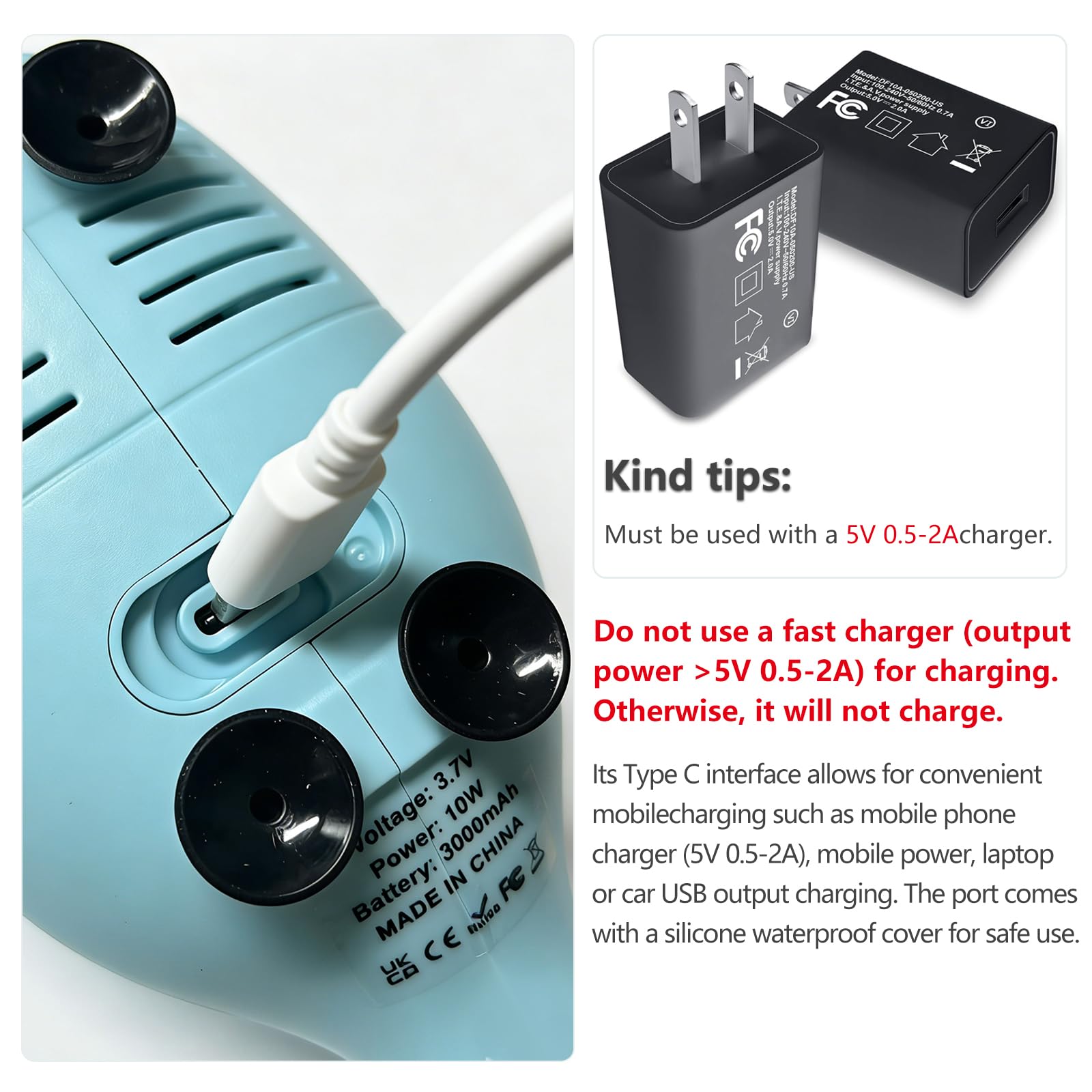 Back view of Alickwang Water Table Pump, showcasing charging port