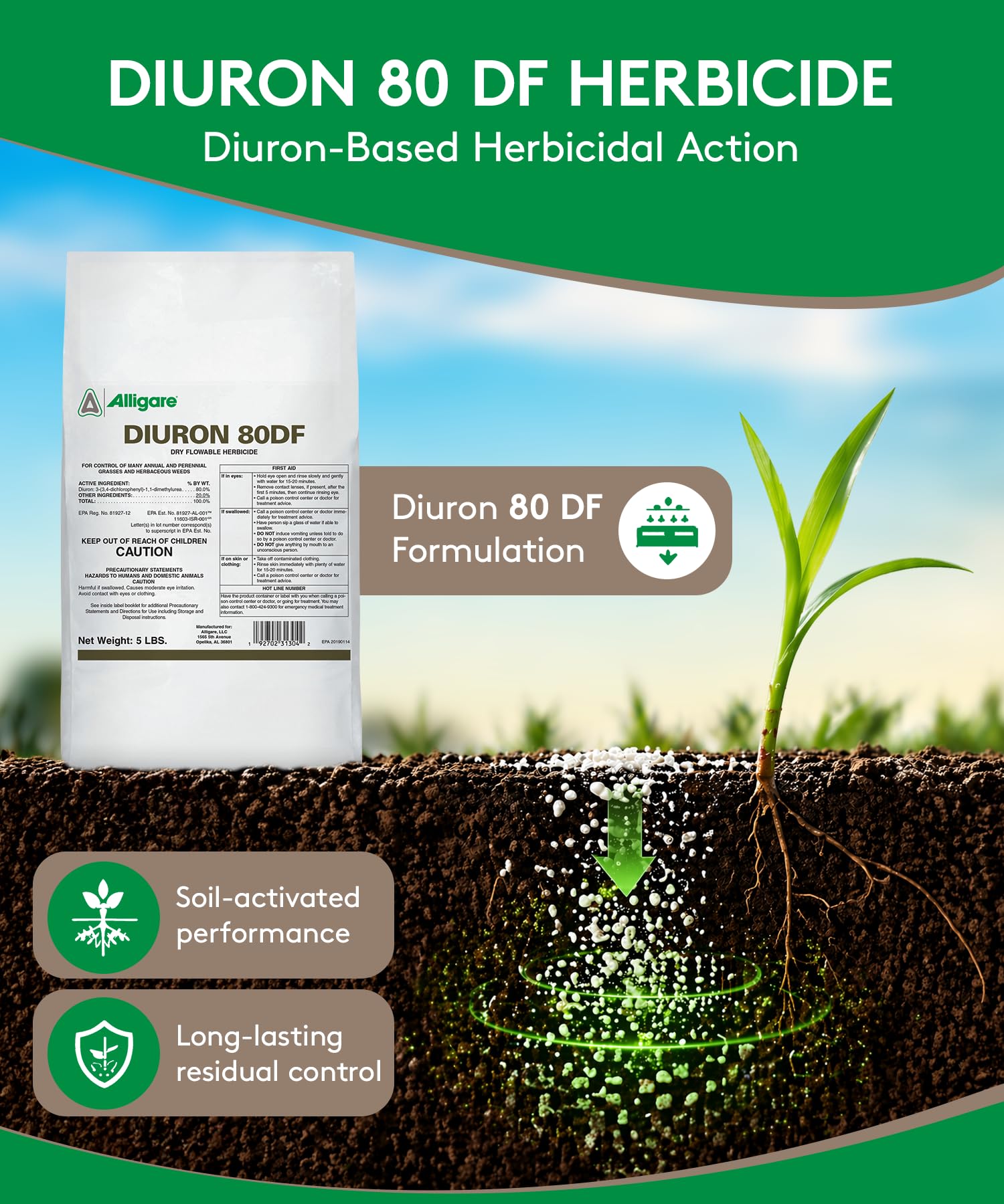 Back view of ALLIGARE Diuron 80 DF Herbicide 5 lb bag with instructions