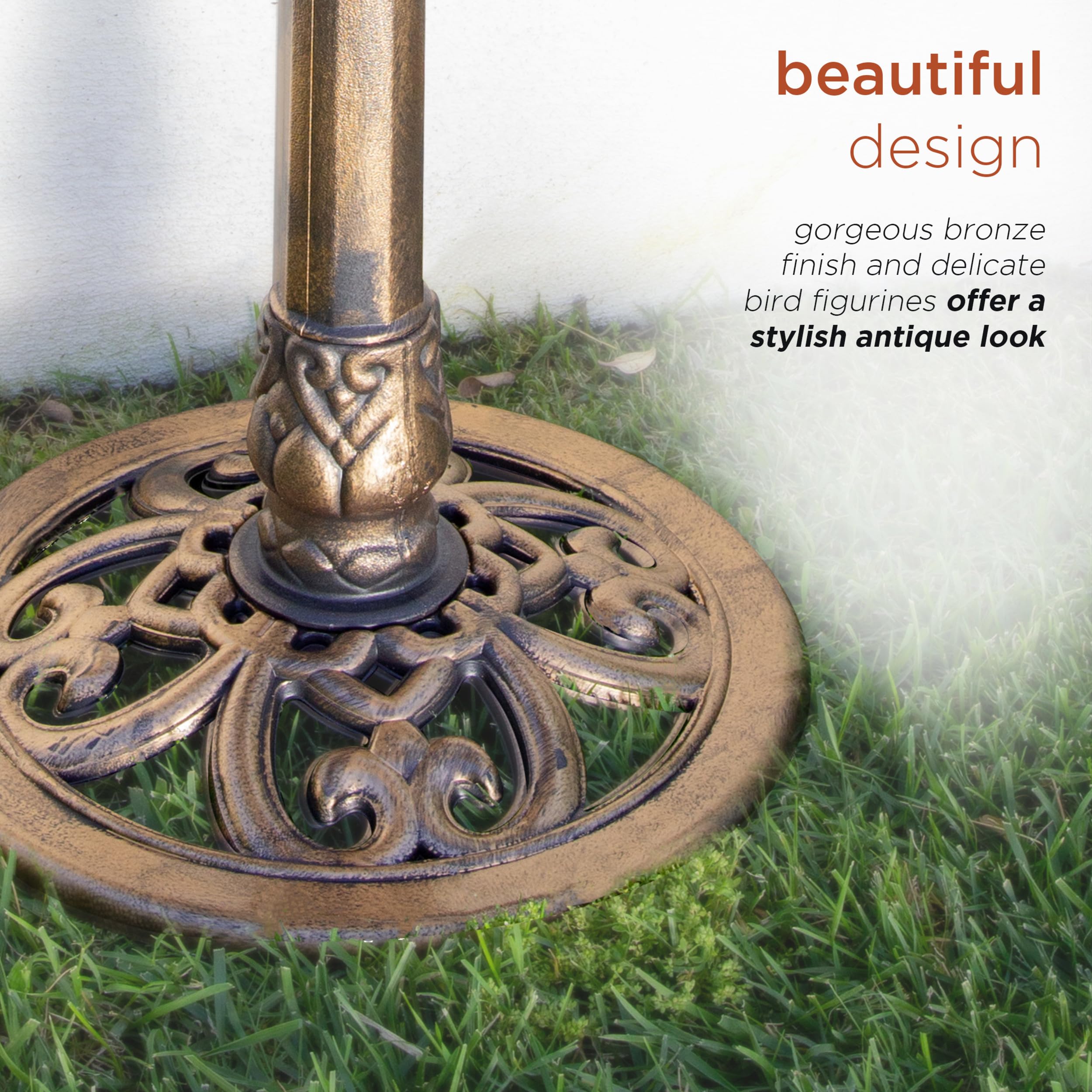 Back view of Alpine Birdbath highlighting bronze finish