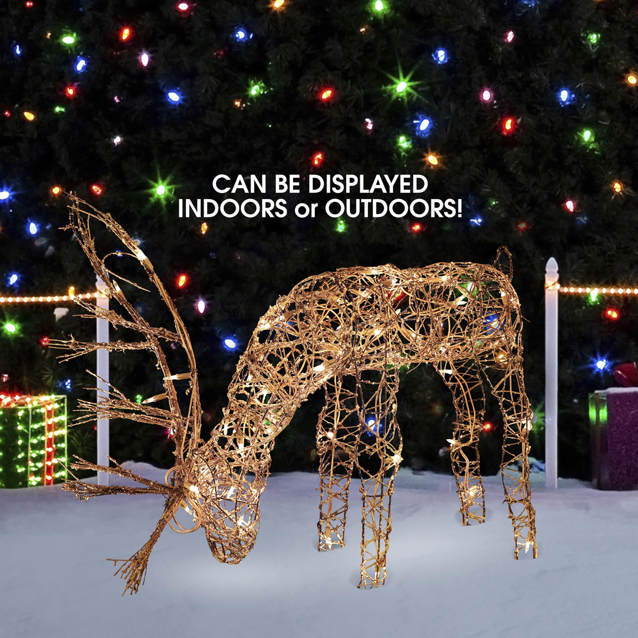 Back view of Alpine Corporation Rattan Grazing Reindeer decoration