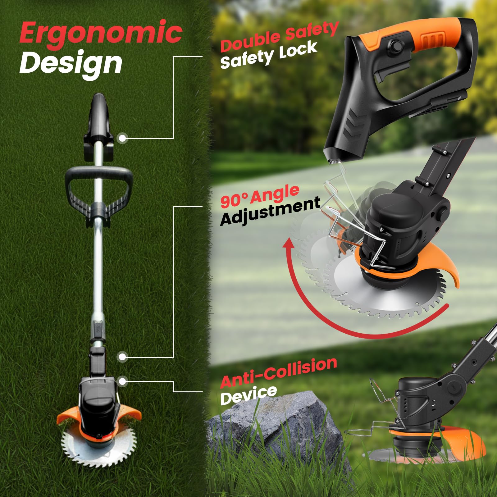 Back view of ALSO GO Cordless Weed Wacker with splash guard