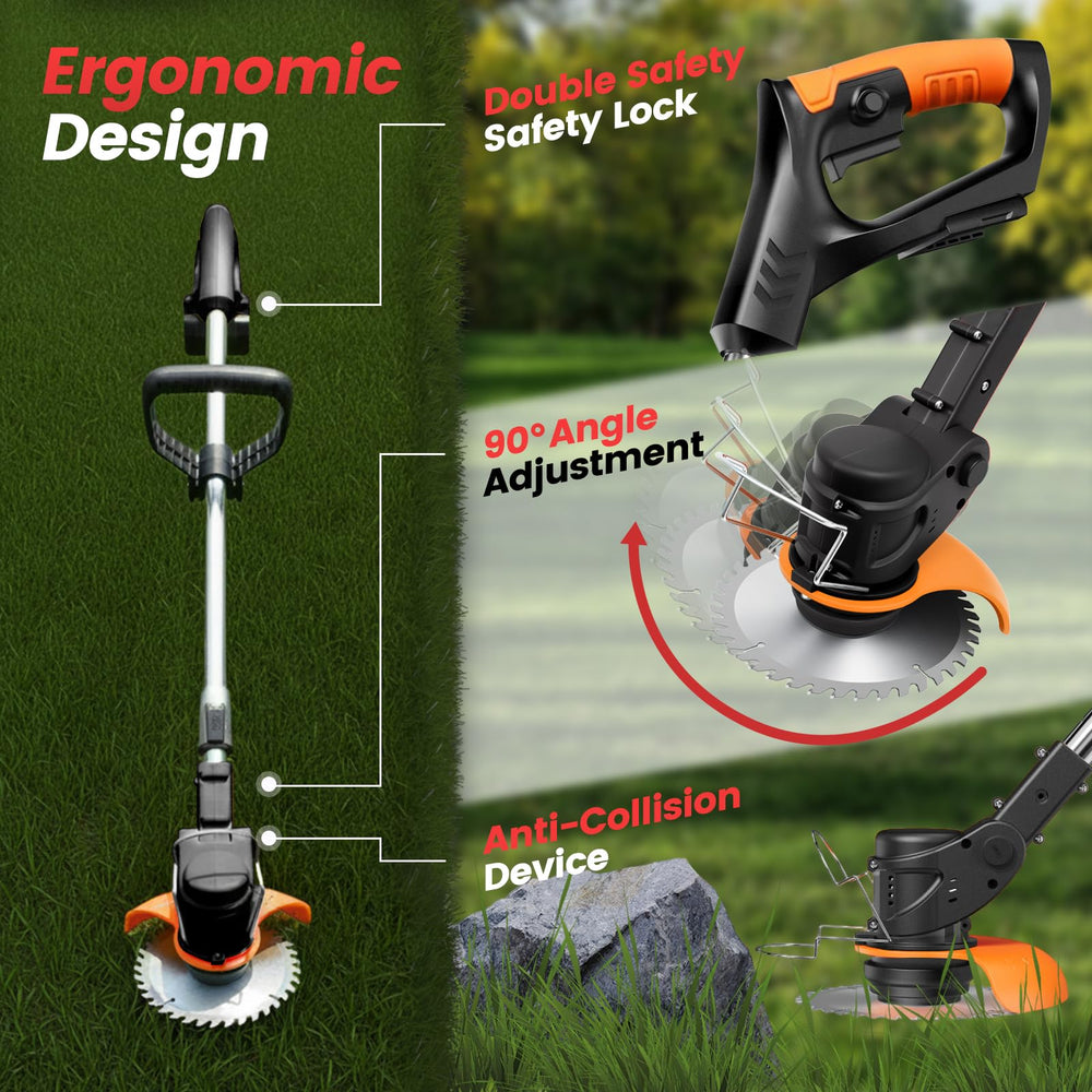 Back view of ALSO GO Cordless Weed Wacker with splash guard