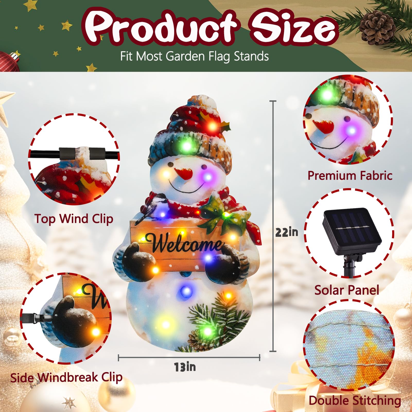 Back view of amadecohome lighted Christmas snowman garden flag