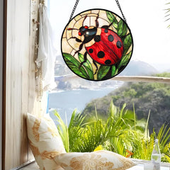 Back view of AMDERVEN Red Ladybug Stained Glass Suncatcher