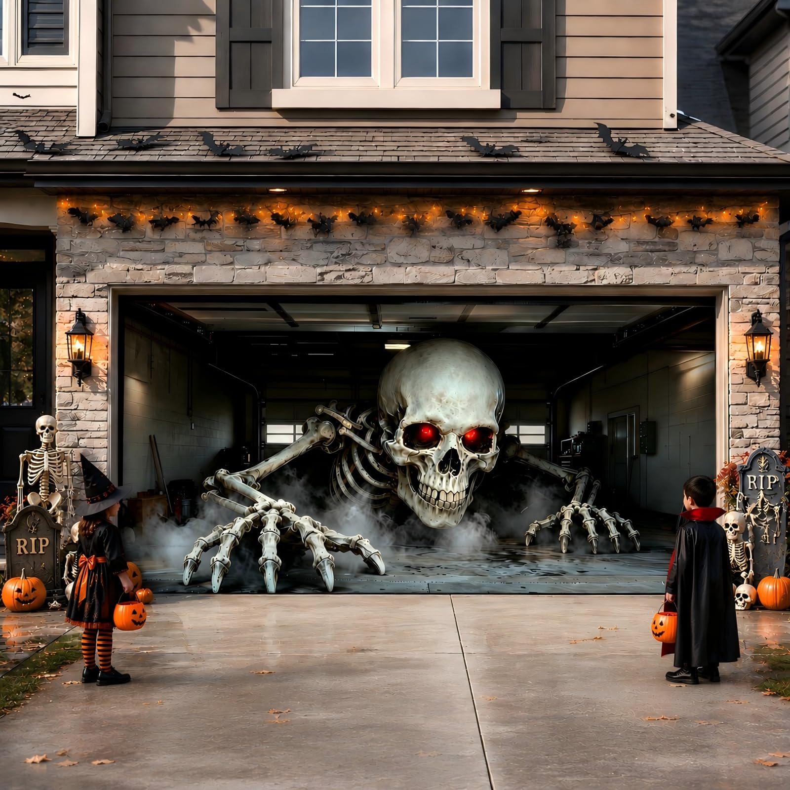 Back view of Anrtrog Halloween Garage Door Cover packaging