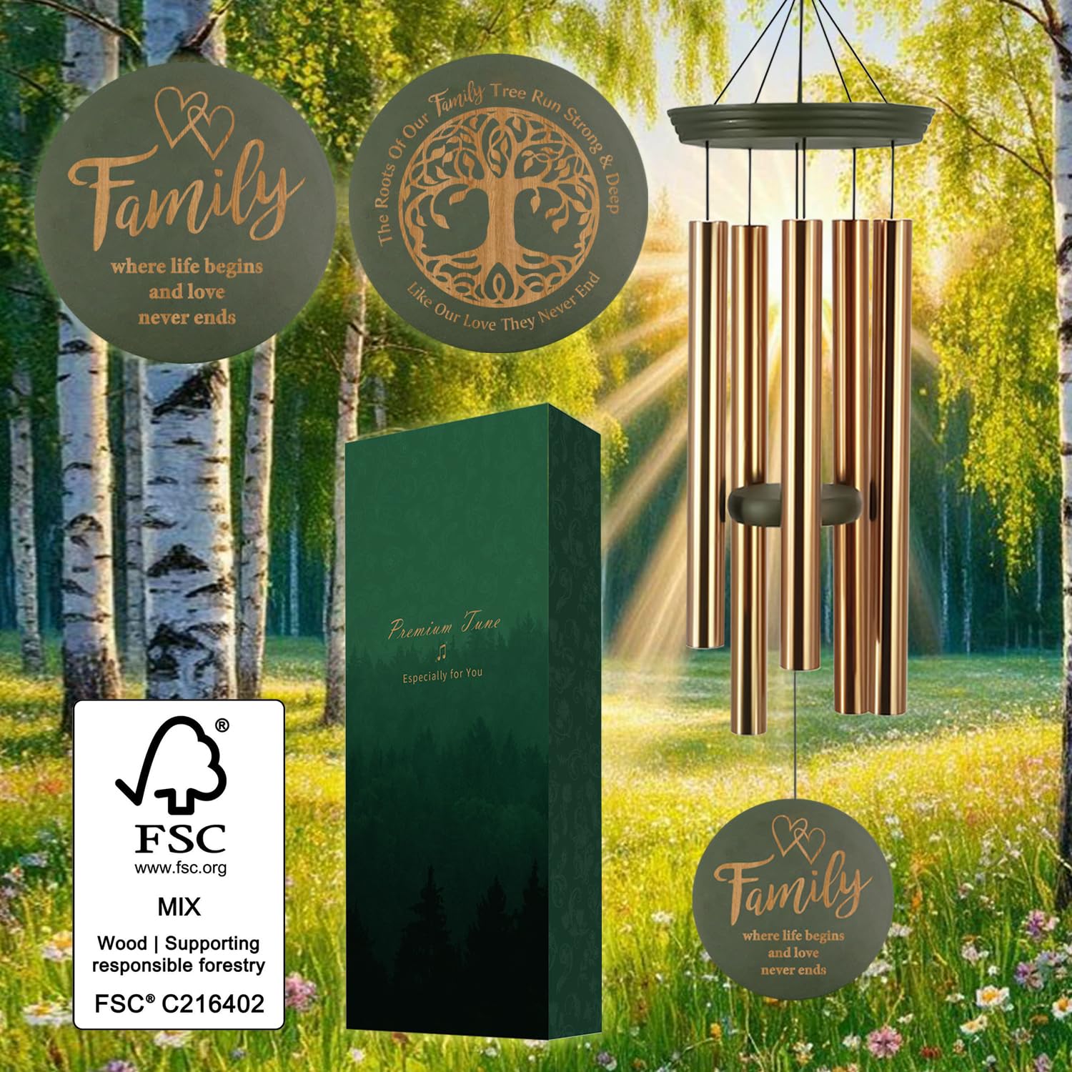 Back view of ASTARIN Tree of Life Wind Chimes 36in
