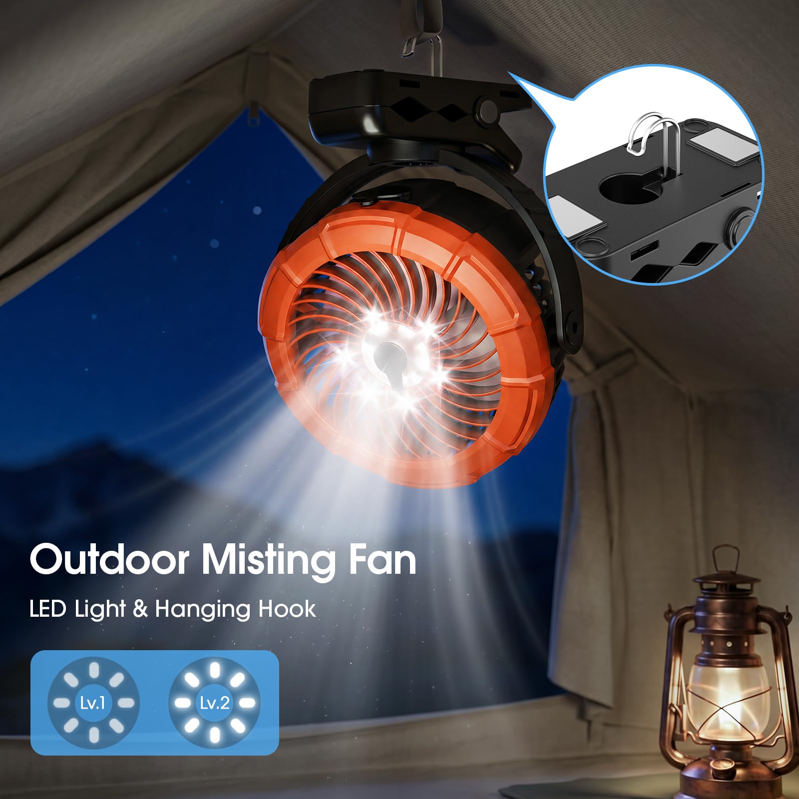 Back view of Ausic Misting Fan showing battery and charging port