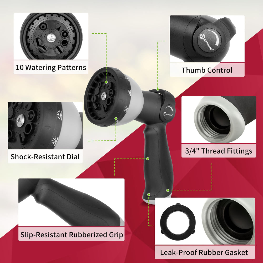 Back view of AUTOMAN garden hose nozzle, black
