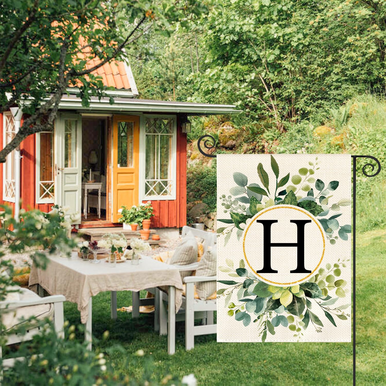 Back view of AVOIN colorlife Monogram H Floral Garden Flag