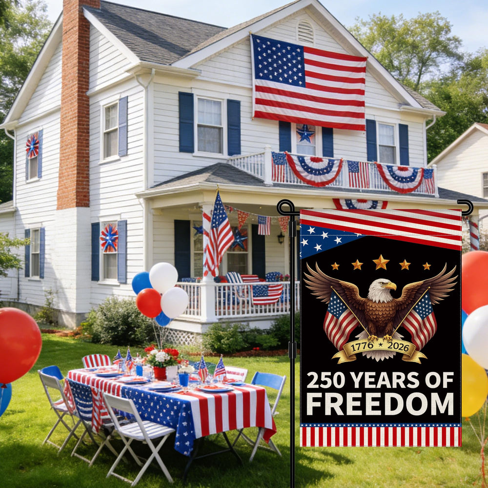 Back view of Aymolas 250th Anniversary USA Garden Flag 12x18 inch