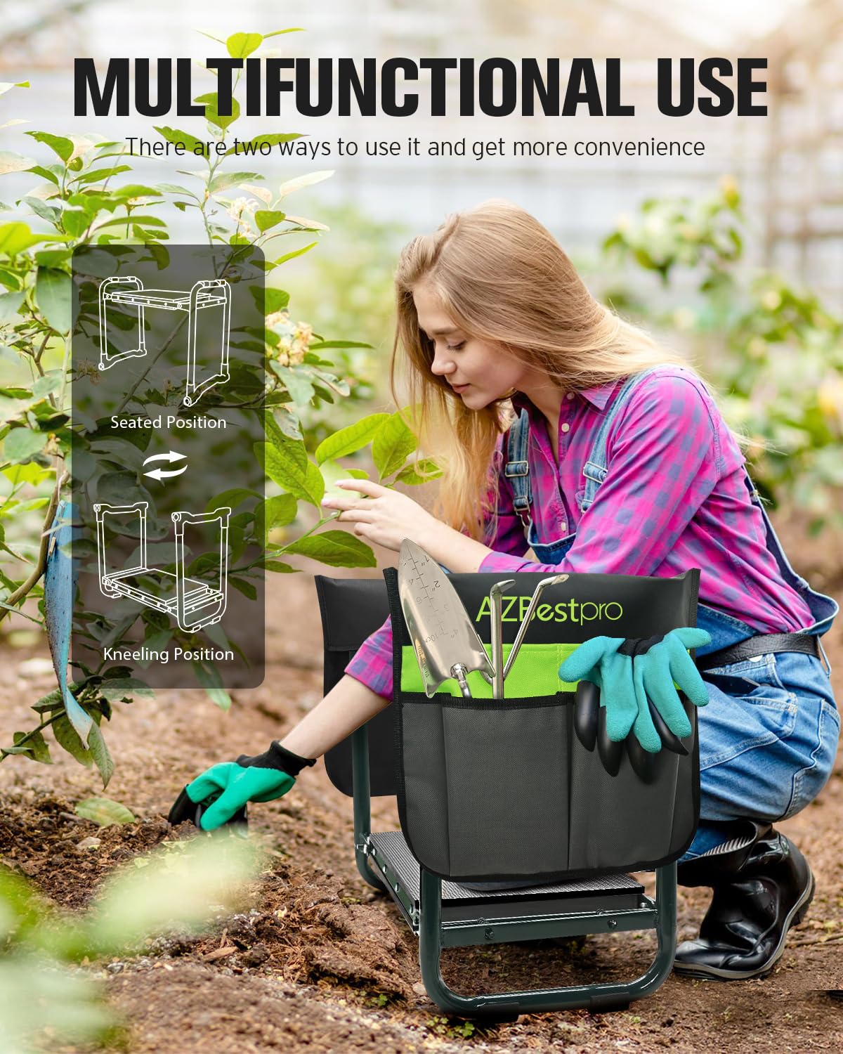 Back view of AZBESTPRO Garden Kneeler and Seat highlighting stability features