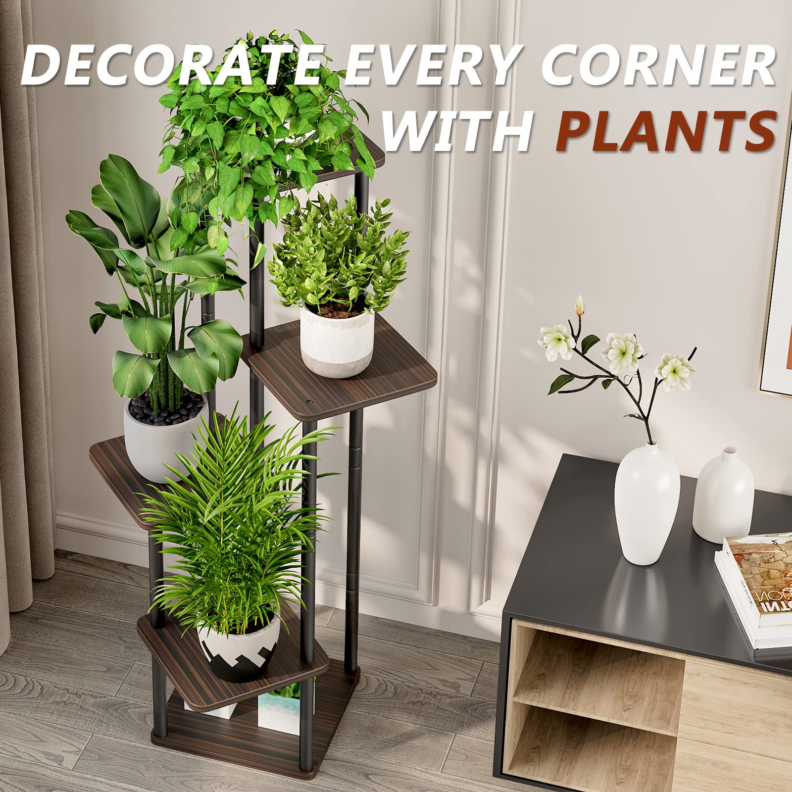 Back view of AZERPIAN 5 Tier Tall Plant Stand showing stability features