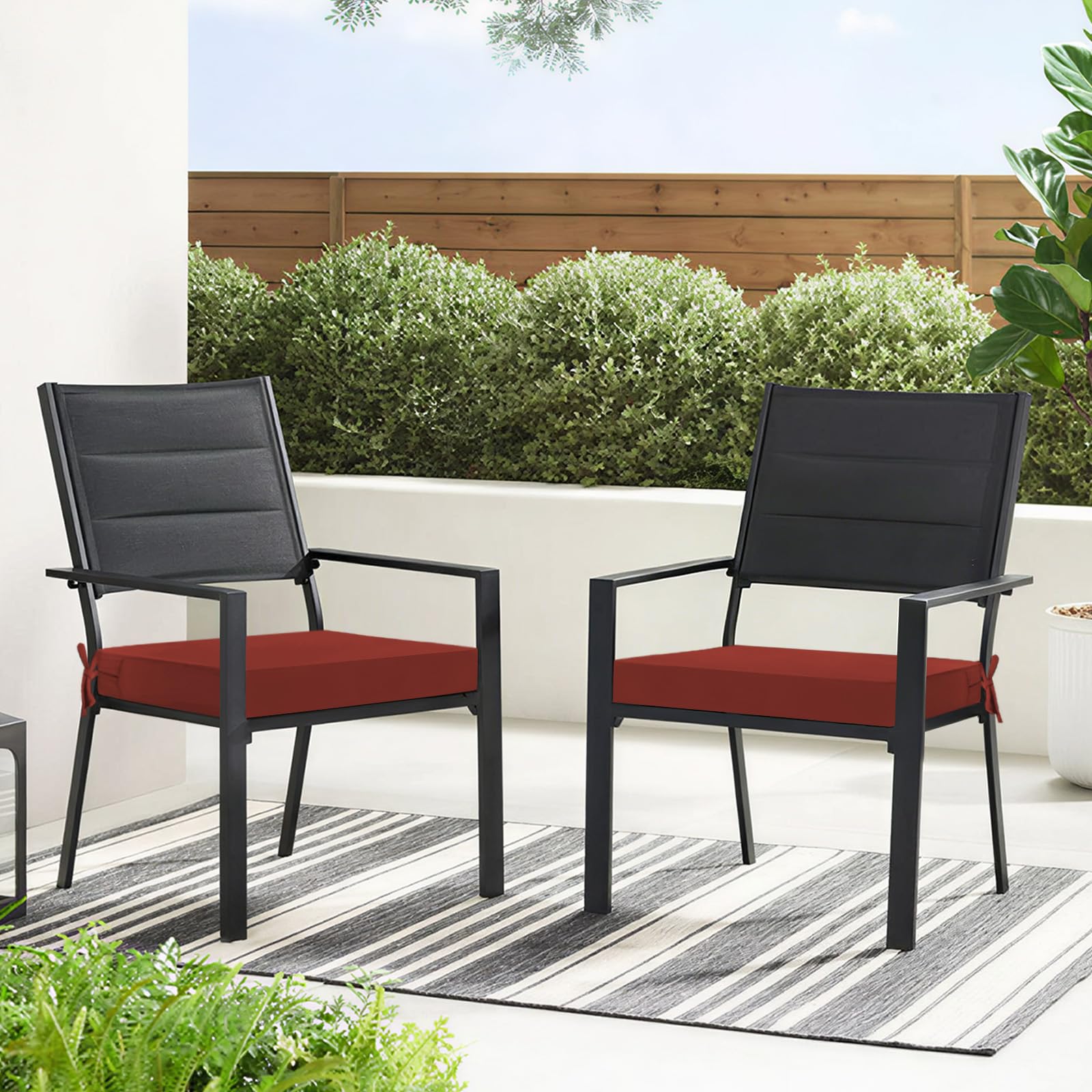 Back view of Basic Beyond outdoor chair cushions showing waterproof feature
