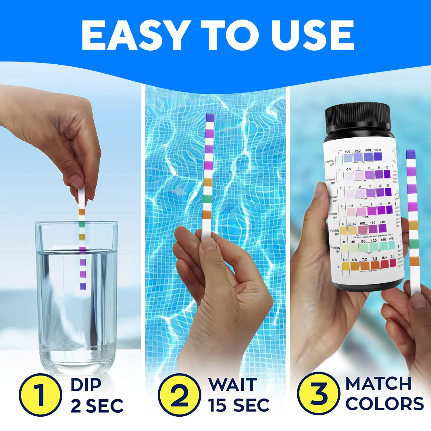 Back view of Benicci 7-in-1 Pool Testing Kit packaging