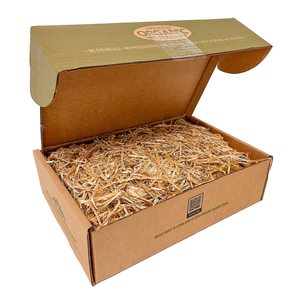 Back view of Blue Mountain Hay Organic Garden Straw Mulch 5lb packaging