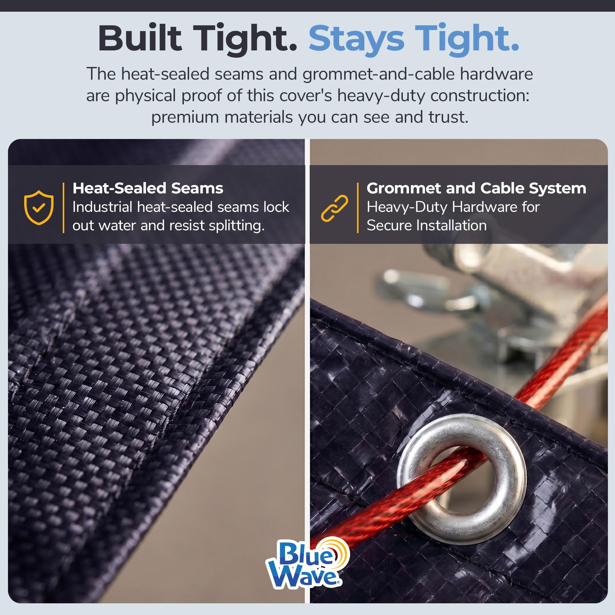 Back view of Blue Wave winter cover displaying heat-sealed seams