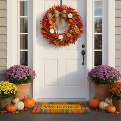 Back view of Calloway Mills Fall Plaid Doormat showing vinyl backing