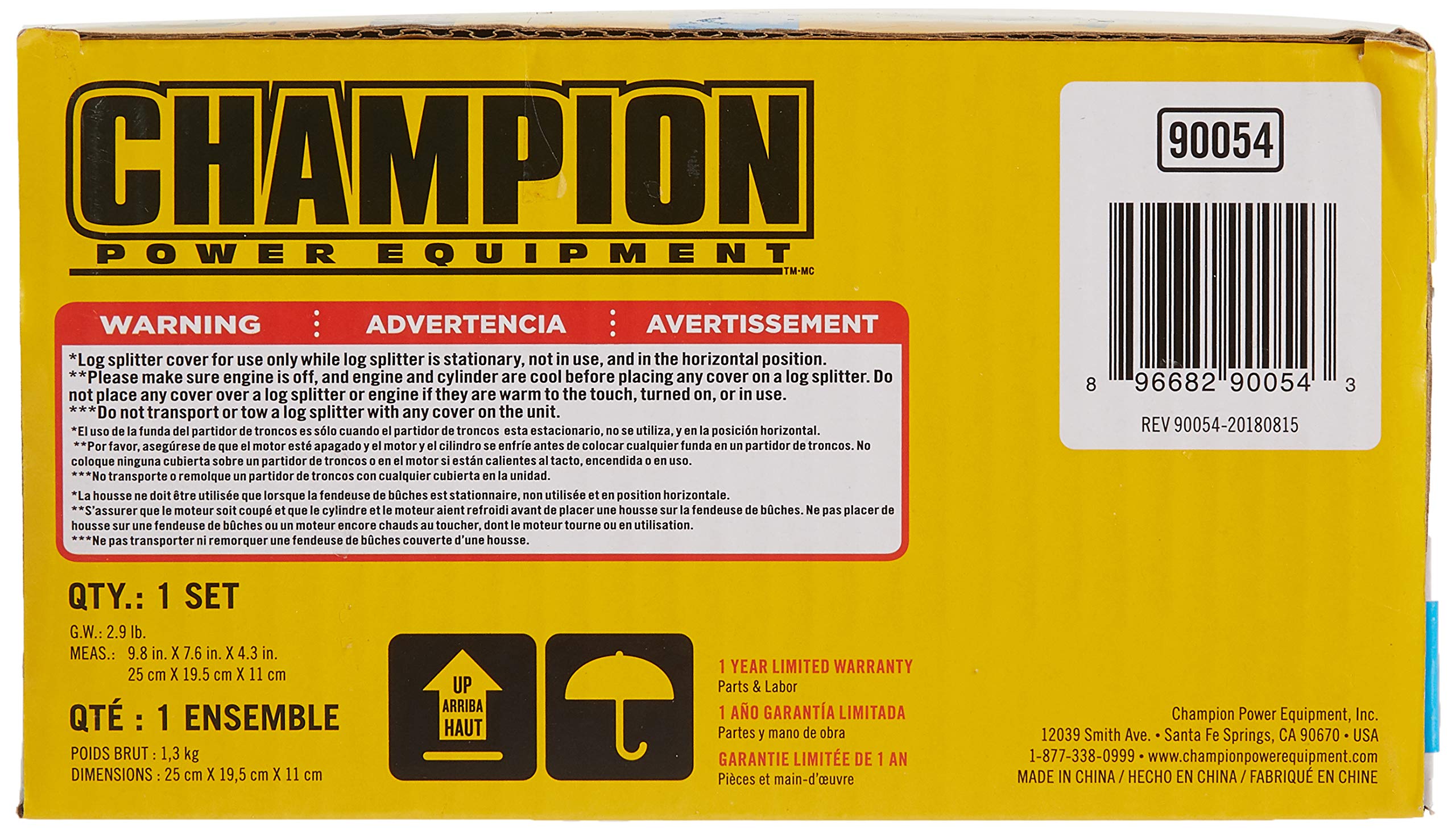 Back view of Champion log splitter covered with weather-resistant storage cover