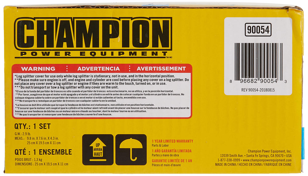 Back view of Champion log splitter covered with weather-resistant storage cover