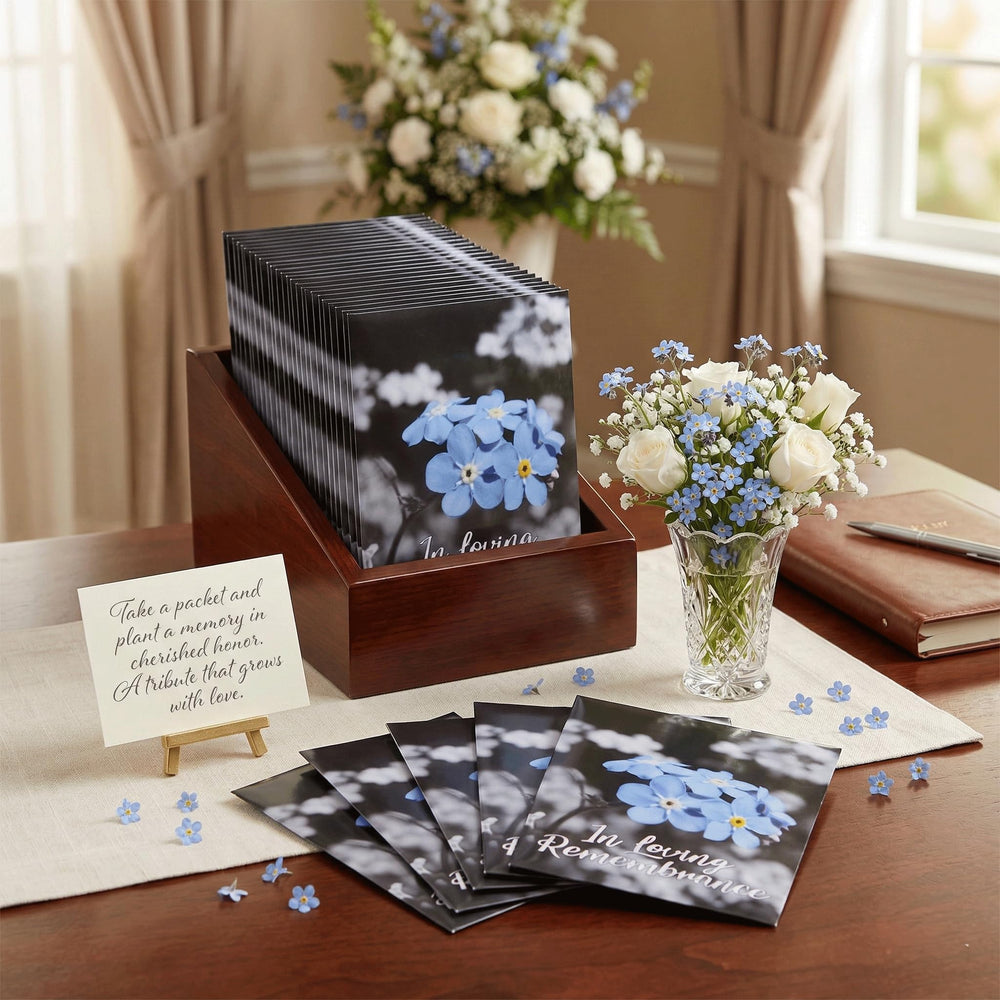 Back view of Choobly Forget Me Not seed packet showing planting instructions