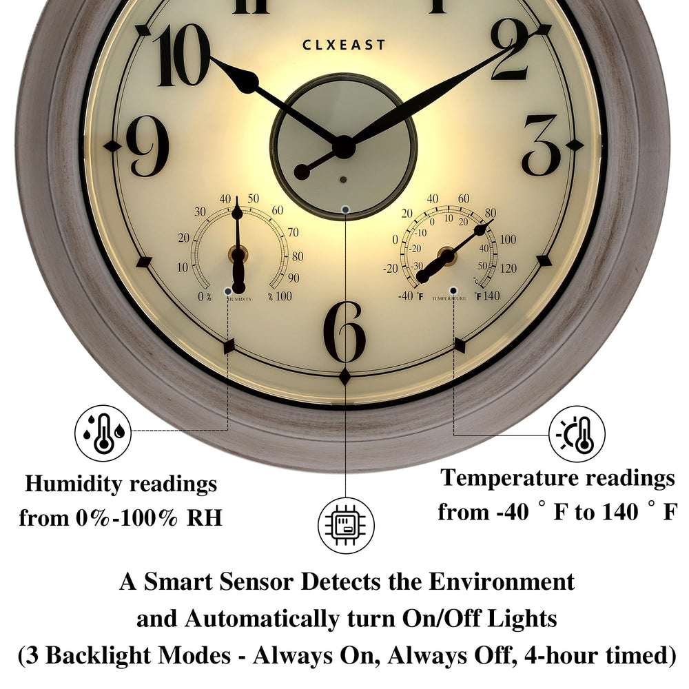 Back view of CLXEAST outdoor clock highlighting battery compartment