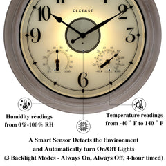 Back view of CLXEAST outdoor clock highlighting battery compartment