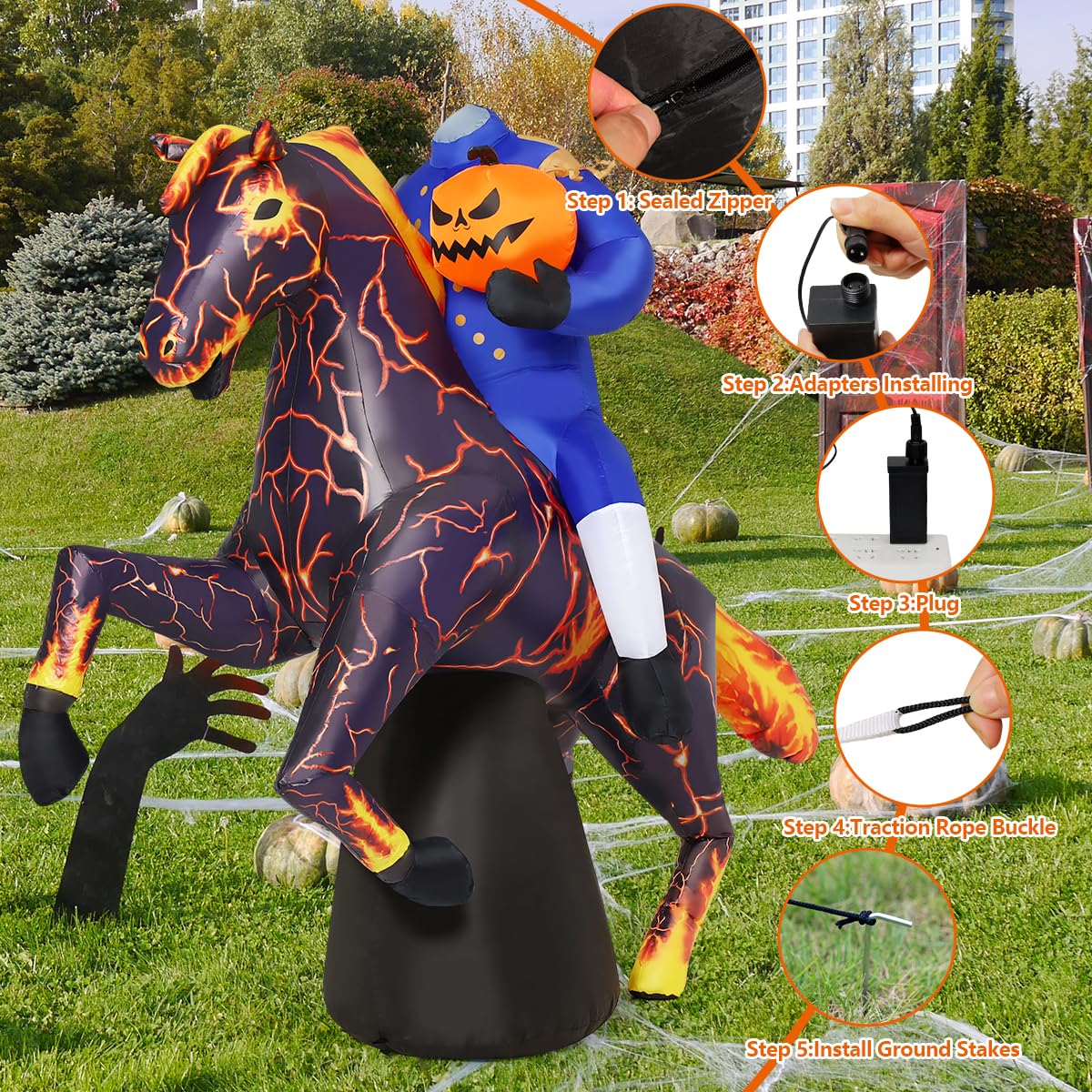 Back view of COMIN 6FT Headless Horseman inflatable yard decoration