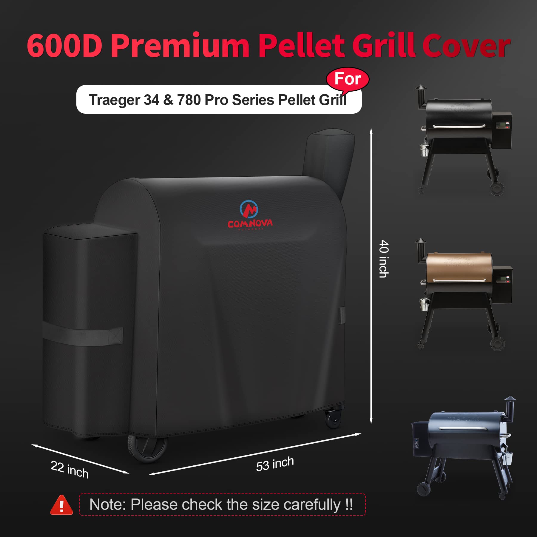 Back view of Comnova 600D Grill Cover showing adjustable Velcro straps