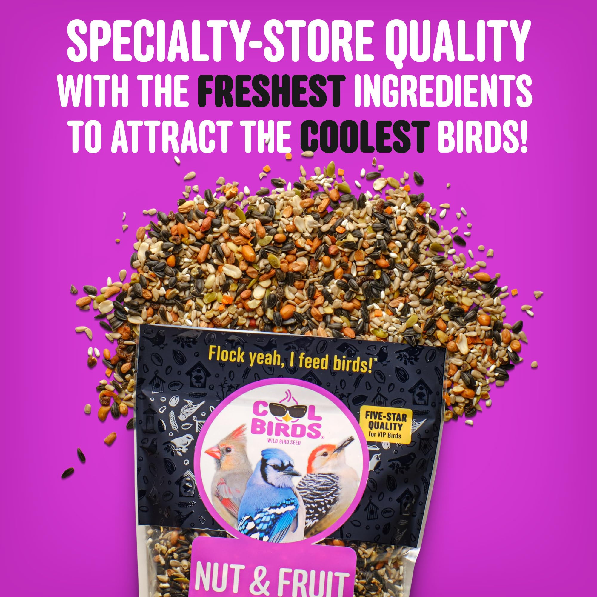 Back view of COOL BIRDS Nut & Fruit Wild Bird Seed packaging