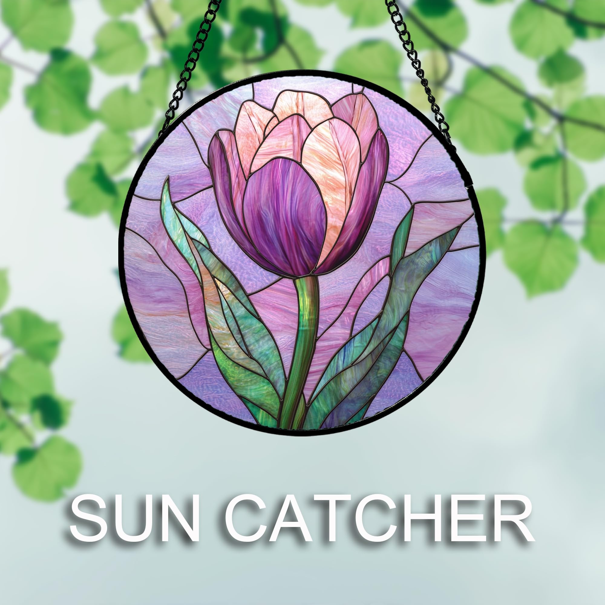 Back view of DASTOLL Purple Tulip Stained Glass Suncatcher