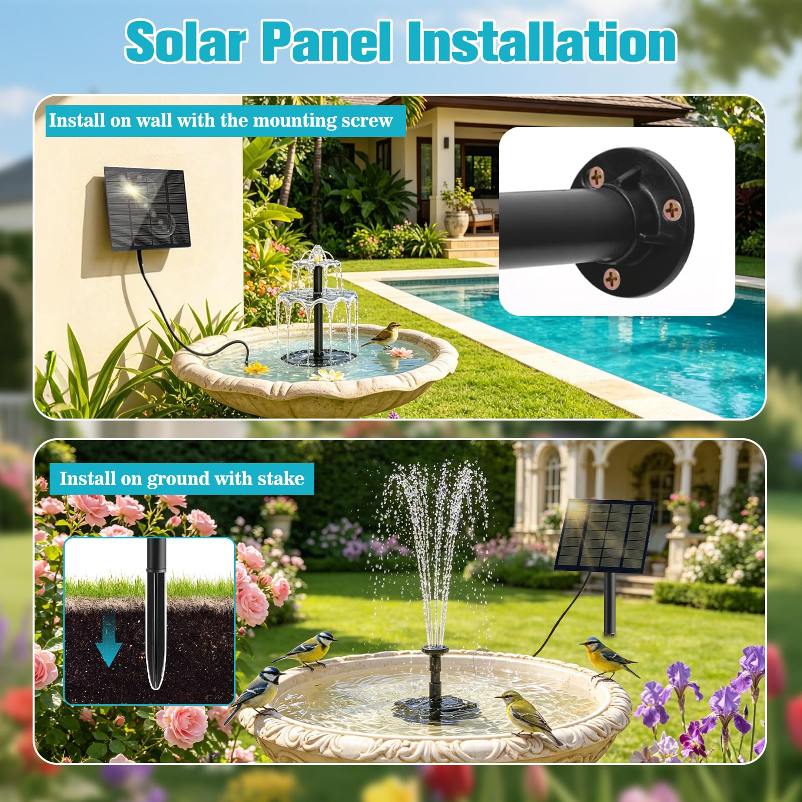 Back view of DDcafor Solar Water Fountain with solar panel
