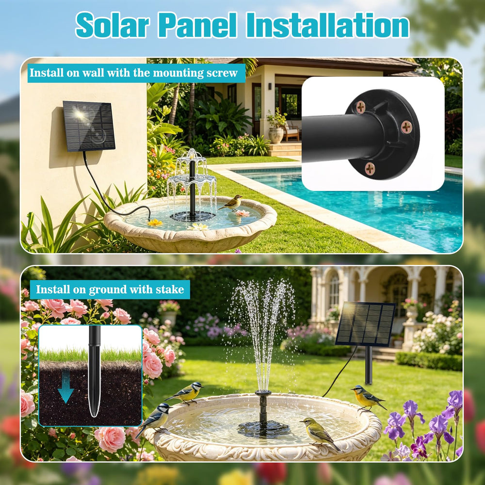 Back view of DDcafor Solar Water Fountain with solar panel