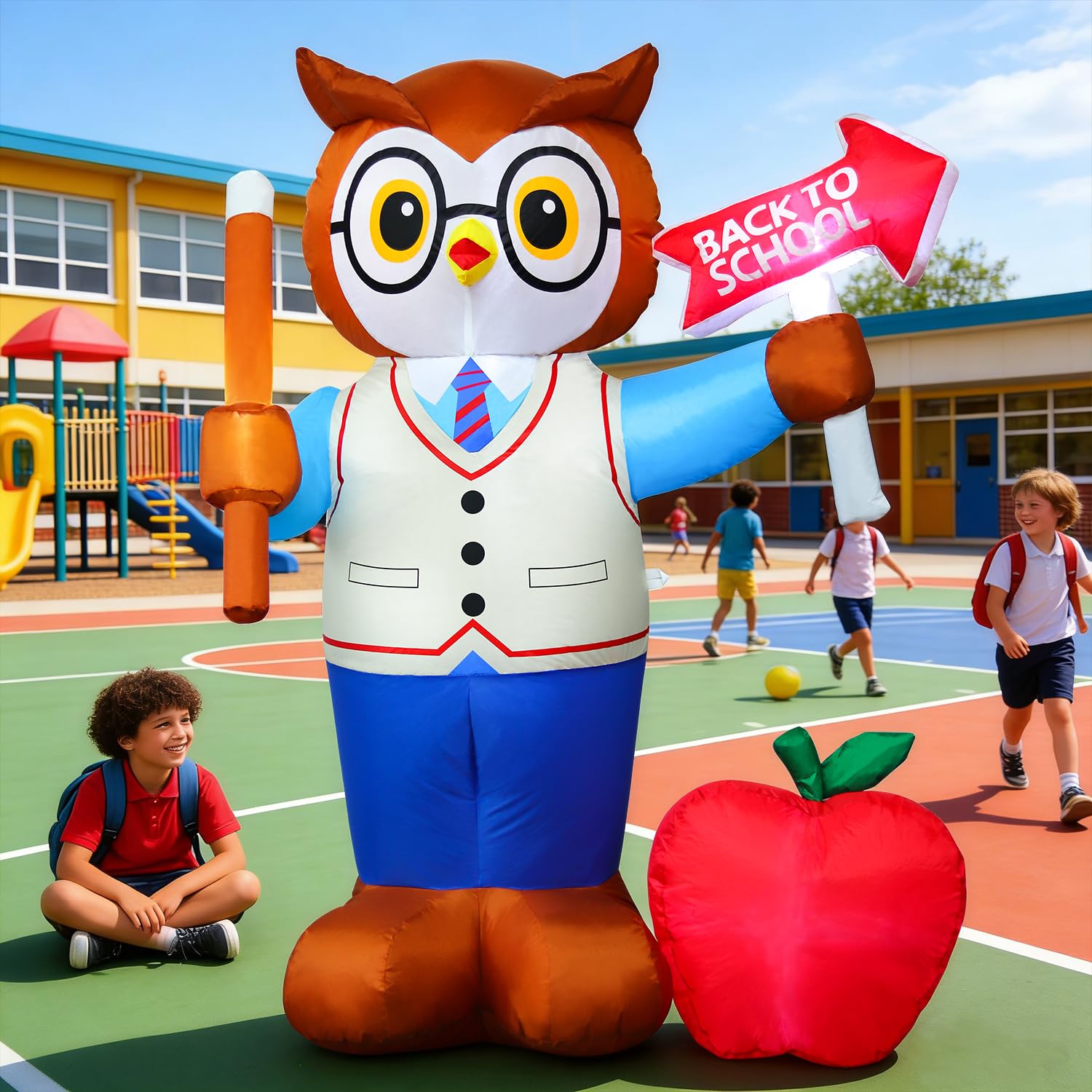 Back view of DomKom Inflatable Professor Owl yard decor