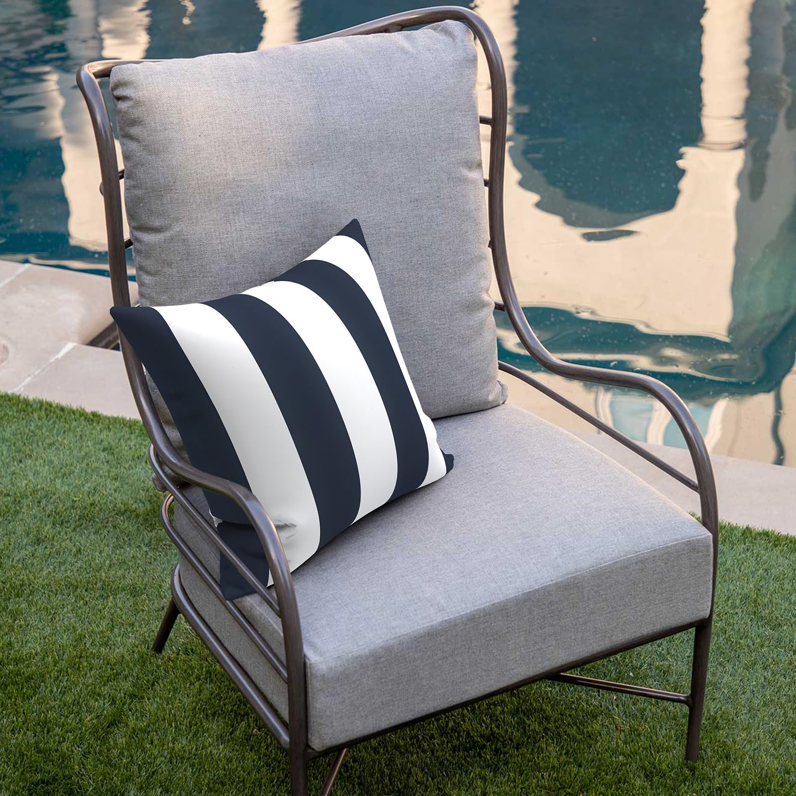 Back view of DYTXIII Outdoor Pillow Covers in vibrant Cabana Navy
