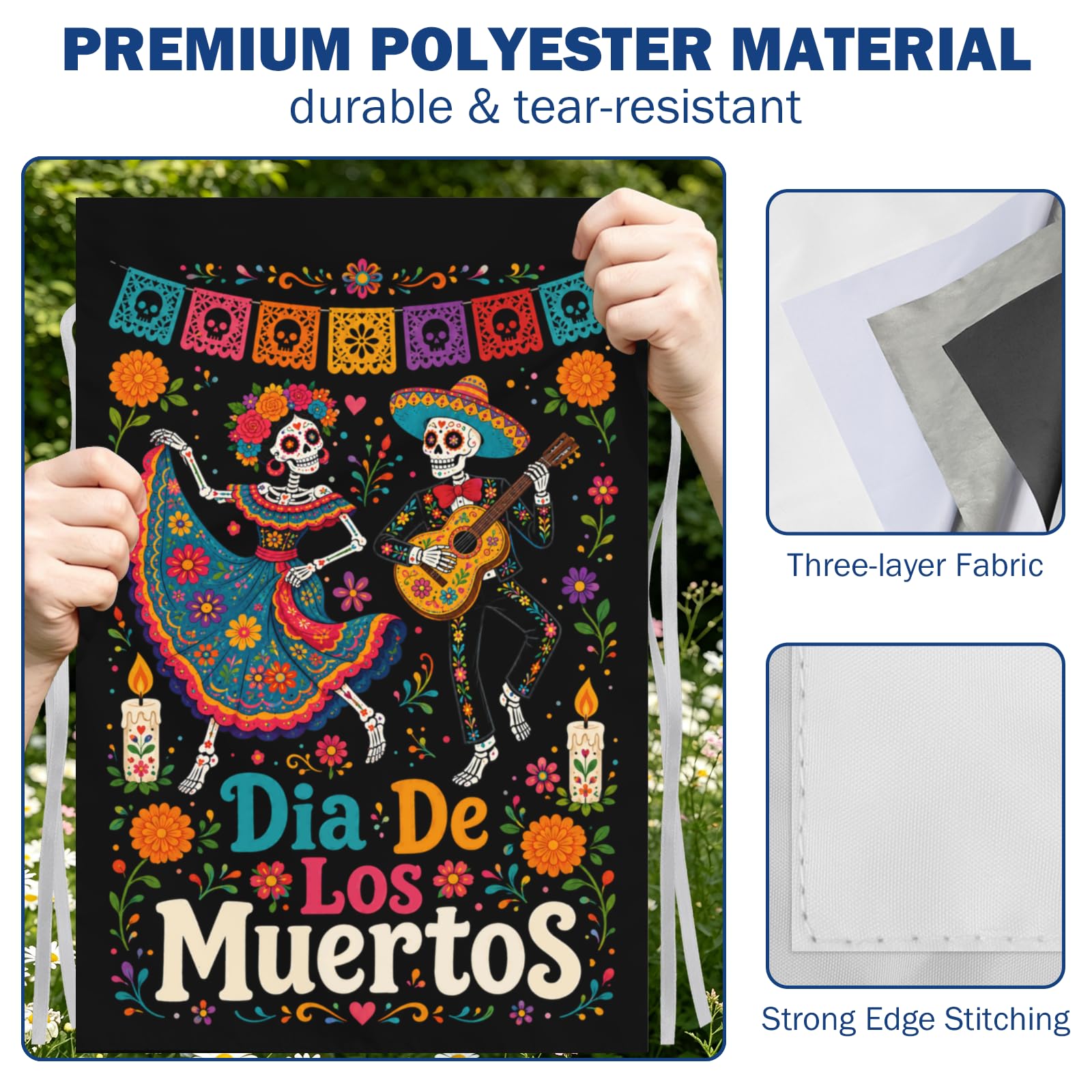 Back view of DZGlobal Dia De Los Muertos garden flag