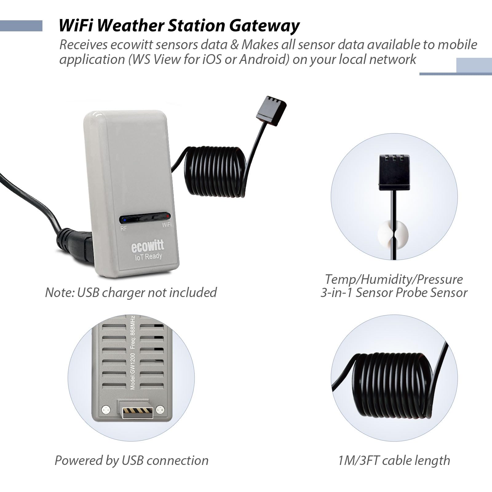 Back view of ECOWITT Wi-Fi Gateway Weather Station showing USB port