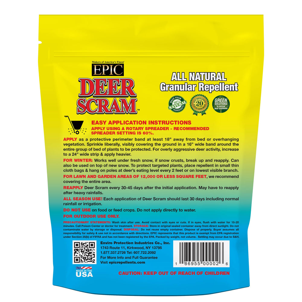 Back view of EPIC REPELLENTS Deer Scram bag with ingredient details