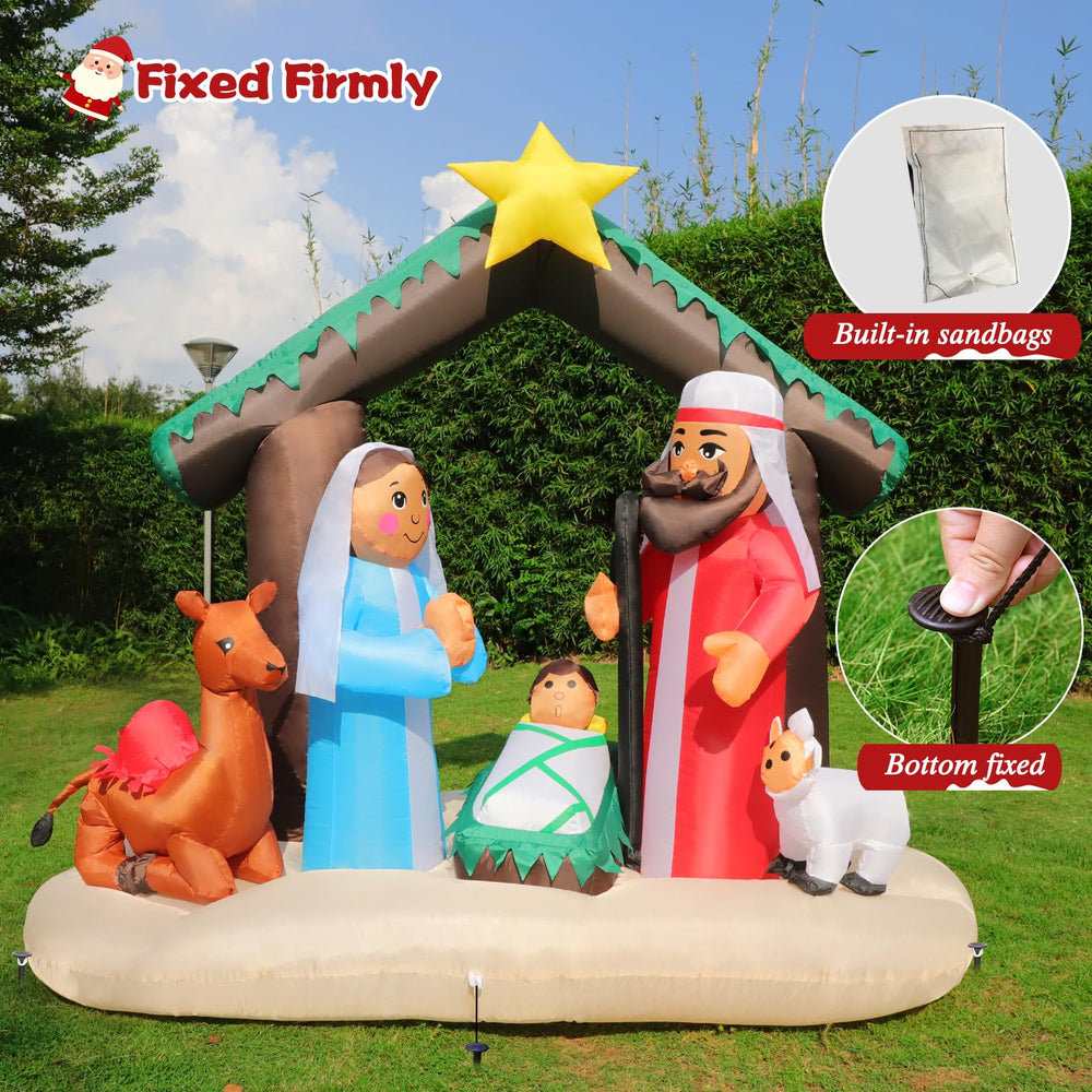 Back view of FunFanso inflatable nativity scene with tethers and stakes