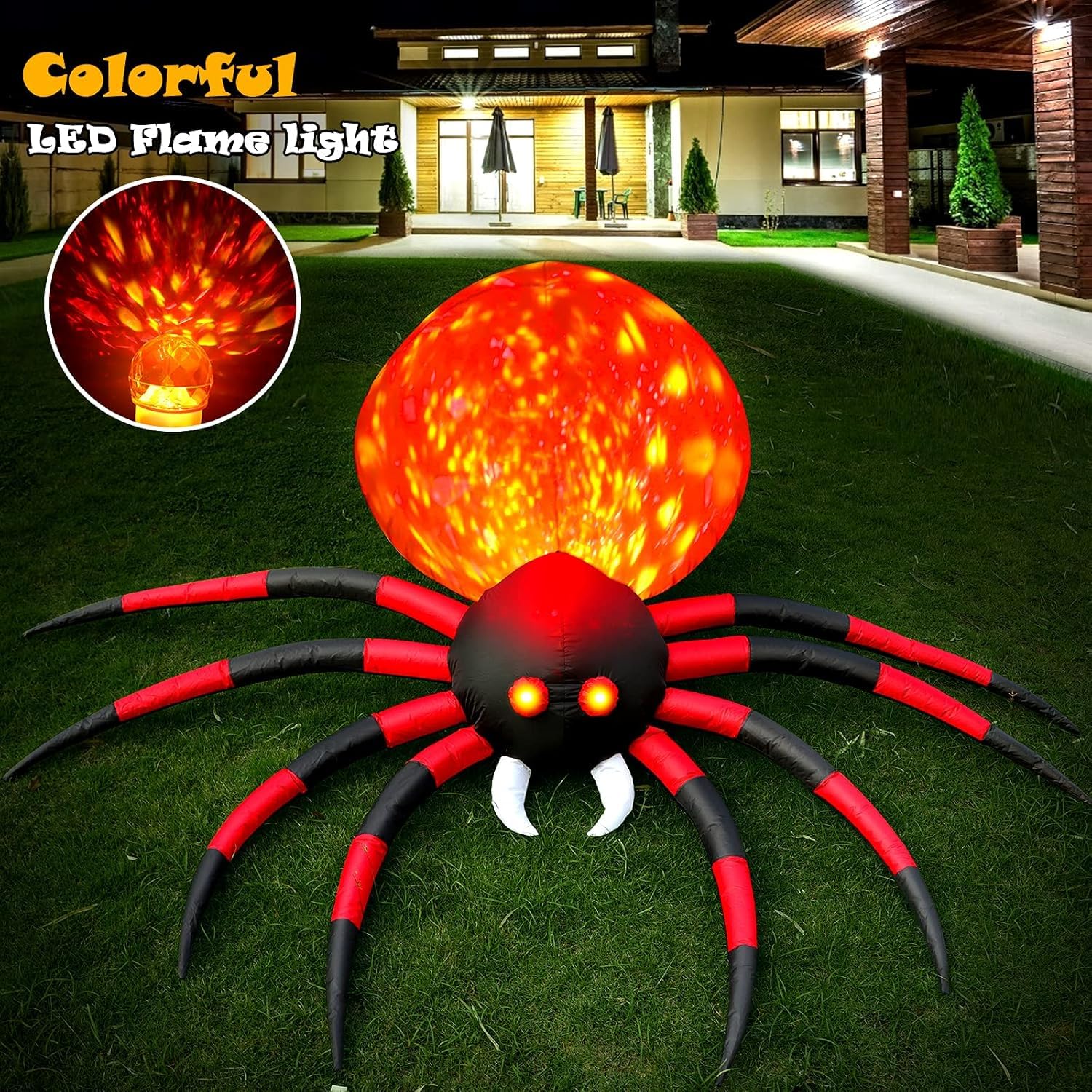 Back view of FunFanso inflatable spider with colorful LED lights