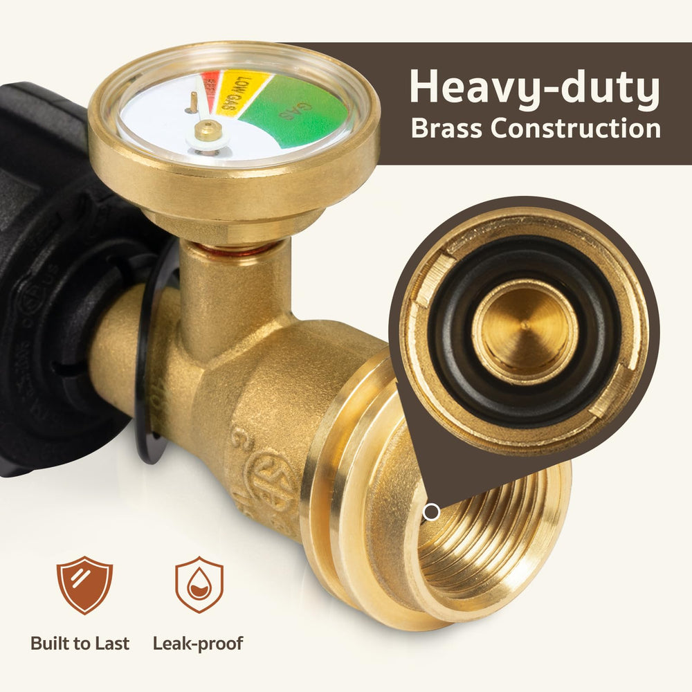 Back view of GASPRO propane gauge showcasing brass fittings
