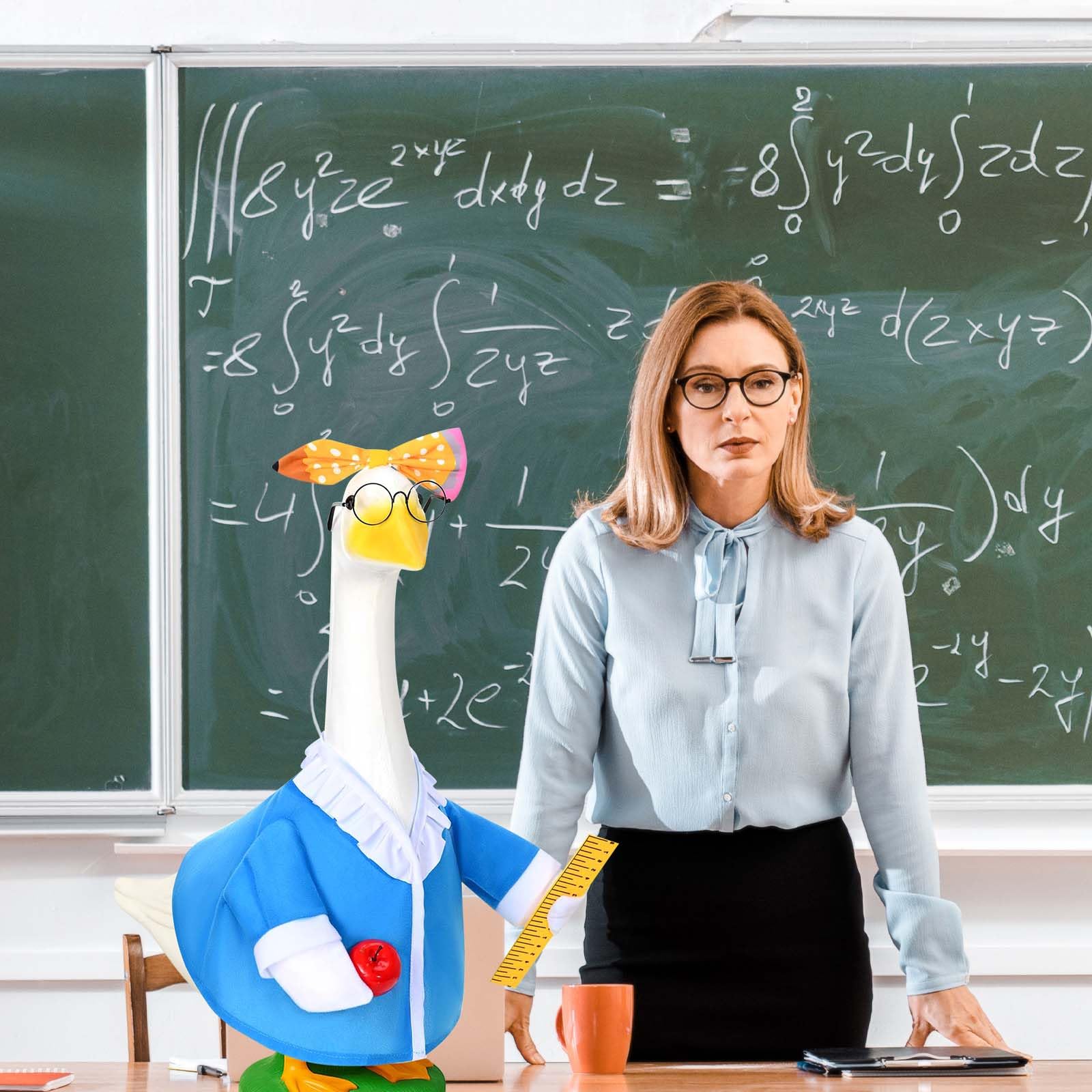 Back view of goose statue wearing JcHrmers Teacher Outfit