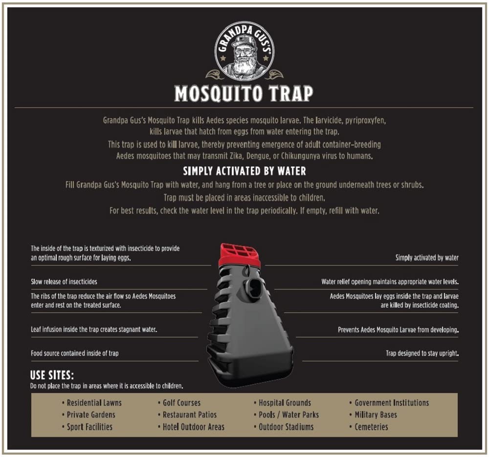 Back view of Grandpa Gus's Mosquito Trap showing assembly instructions
