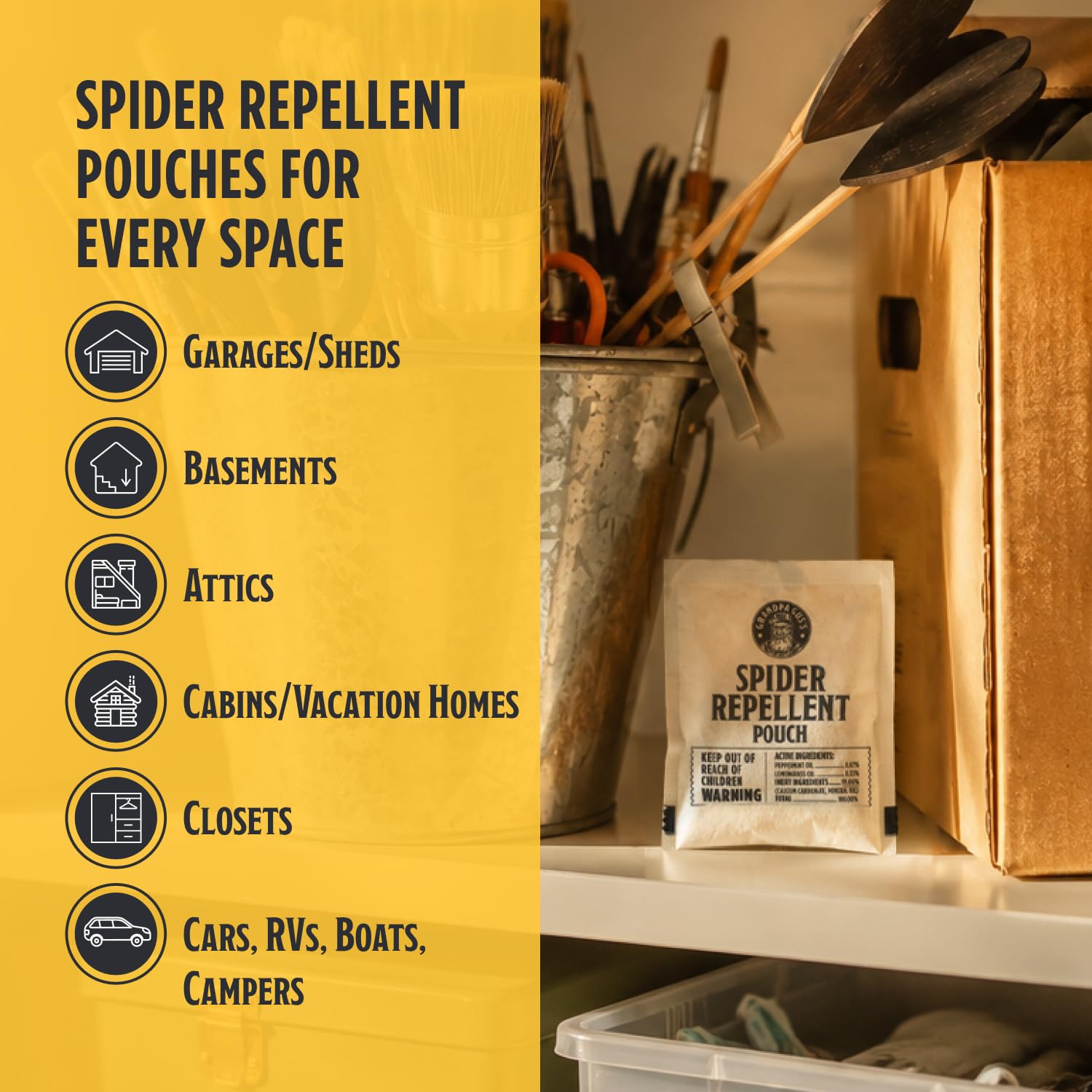 Back view of Grandpa Gus's Natural Spider Repellent Pouches packaging