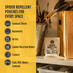 Back view of Grandpa Gus's Natural Spider Repellent Pouches packaging