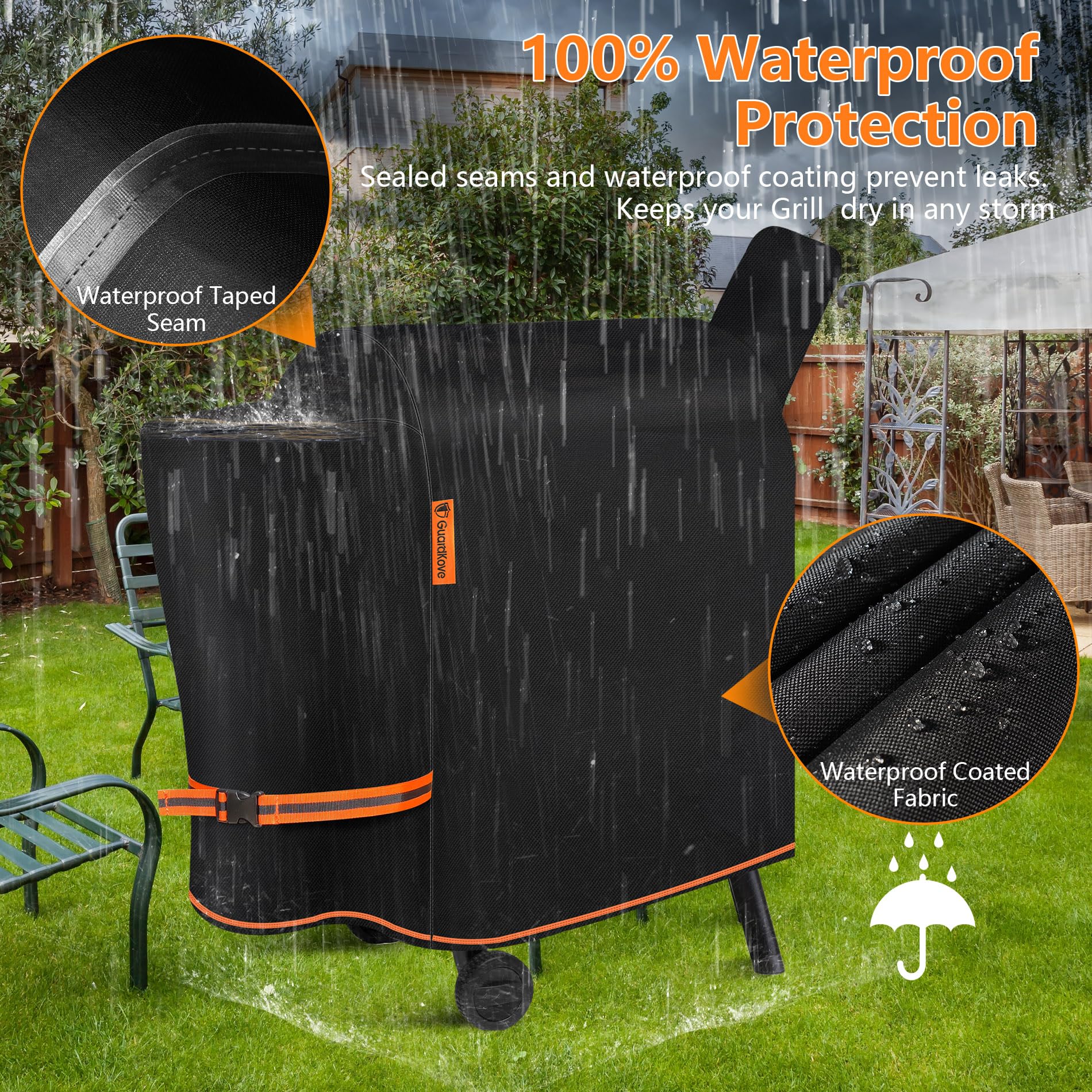 Back view of GuardKove Grill Cover, showcasing wind-resistant buckle