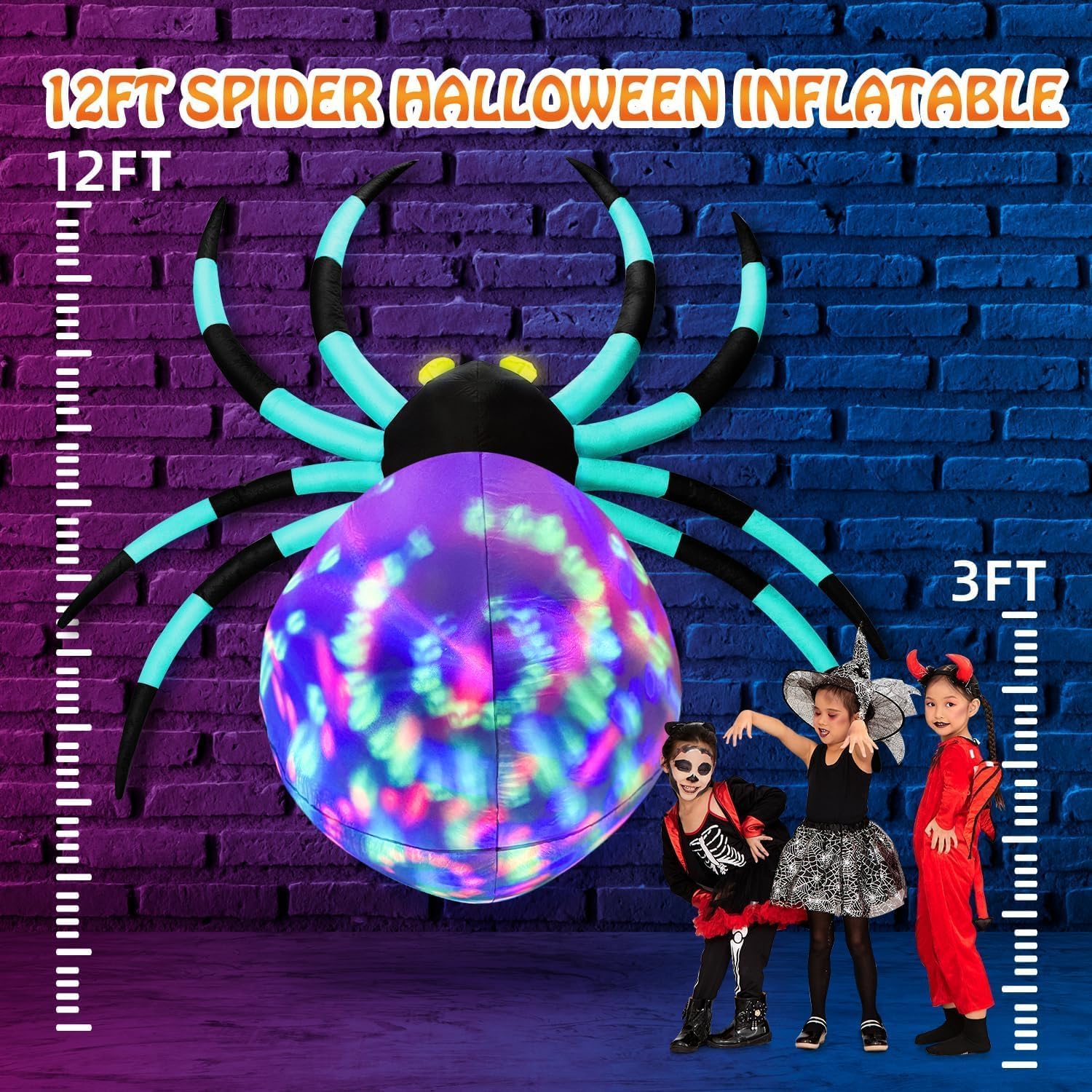 Back view of Halloween inflatable spider with built-in LED lights